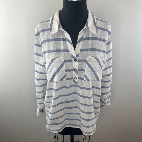 Soft Surrounding White Blue Top Cotton Striped Collared Half Placket Size XL - Picture 2 of 9